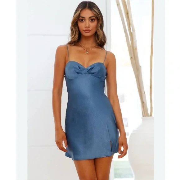 NWT Hello Molly STRUT ALL NIGHT DRESS Blue Satin Mini Dress - Picture 2 of 6